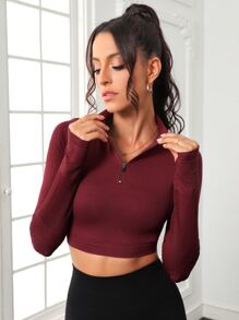 SHEIN Half Zip Thumb Holes Crop Sports Sweatshirt - Burgundy - View 1