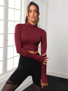 SHEIN Half Zip Thumb Holes Crop Sports Sweatshirt - Burgundy - View 3