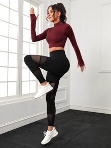 SHEIN Half Zip Thumb Holes Crop Sports Sweatshirt - Burgundy - View 6