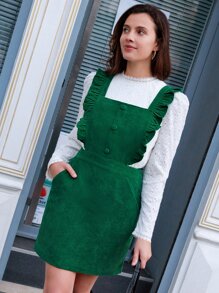 SHEIN Frenchy Ruffle Trim Button Front Corduroy Pinafore Dress - Green - View 1