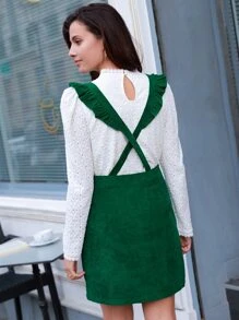 SHEIN Frenchy Ruffle Trim Button Front Corduroy Pinafore Dress - Green - View 2