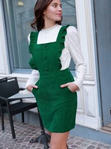 SHEIN Frenchy Ruffle Trim Button Front Corduroy Pinafore Dress - Green - View 3