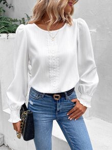 SHEIN LUNE Guipure Lace Insert Shirred Detail Lantern Sleeve Blouse - White - View 3