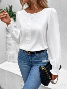 SHEIN LUNE Guipure Lace Insert Shirred Detail Lantern Sleeve Blouse - White - View 4