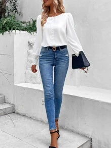 SHEIN LUNE Guipure Lace Insert Shirred Detail Lantern Sleeve Blouse - White - View 5
