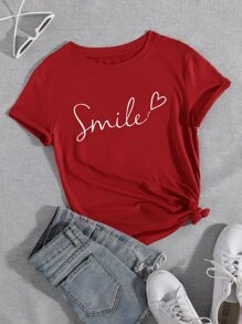 SHEIN LUNE Letter And Heart Print Tee - Red - View 1