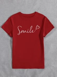SHEIN LUNE Letter And Heart Print Tee - Red - View 4