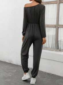 SHEIN LUNE Asymmetrical Neck Knot Waist Jumpsuit - Dark Grey - View 2