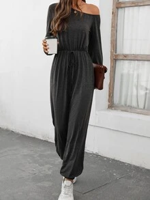 SHEIN LUNE Asymmetrical Neck Knot Waist Jumpsuit - Dark Grey - View 4