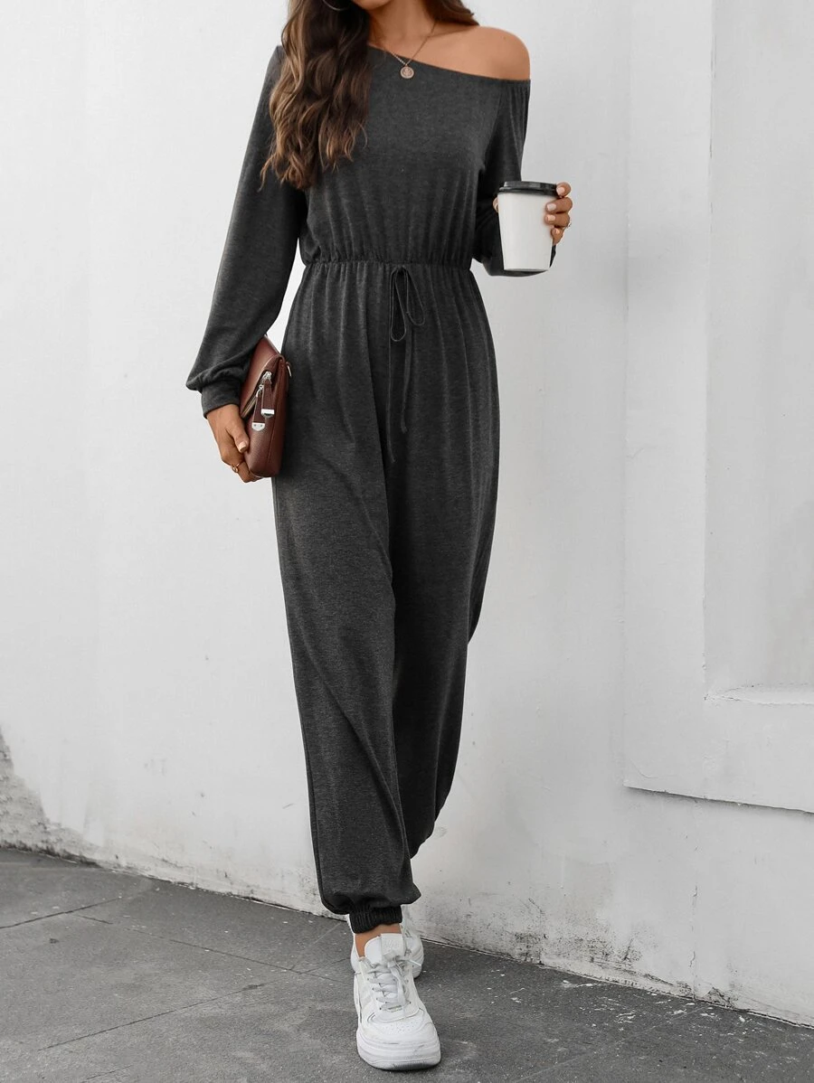 SHEIN LUNE Asymmetrical Neck Knot Waist Jumpsuit - Dark Grey - View 1