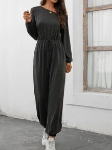 SHEIN LUNE Asymmetrical Neck Knot Waist Jumpsuit - Dark Grey - View 5