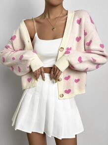 SHEIN Qutie Nữ Cardigans Tương phản ràng buộc Nút phía trước Tim Giải trí - Hồng - Xem 1