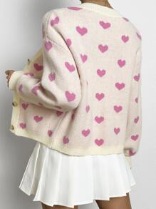 SHEIN Qutie Nữ Cardigans Tương phản ràng buộc Nút phía trước Tim Giải trí - Hồng - Xem 2