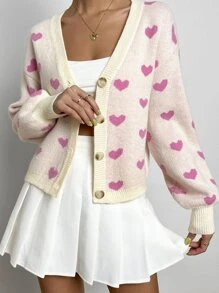 SHEIN Qutie Nữ Cardigans Tương phản ràng buộc Nút phía trước Tim Giải trí - Hồng - Xem 4
