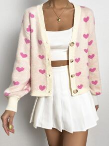 SHEIN Qutie Nữ Cardigans Tương phản ràng buộc Nút phía trước Tim Giải trí - Hồng - Xem 5