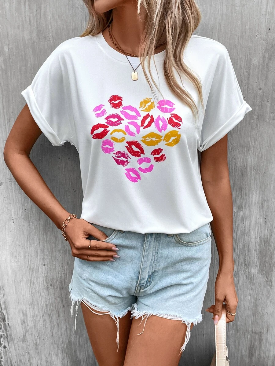 SHEIN LUNE Lip Print Batwing Sleeve Tee - White - View 1