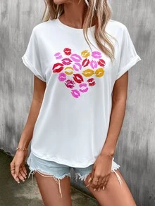 SHEIN LUNE Lip Print Batwing Sleeve Tee - White - View 4