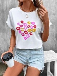 SHEIN LUNE Lip Print Batwing Sleeve Tee - White - View 5