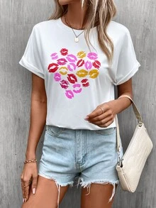 SHEIN LUNE Lip Print Batwing Sleeve Tee - White - View 6