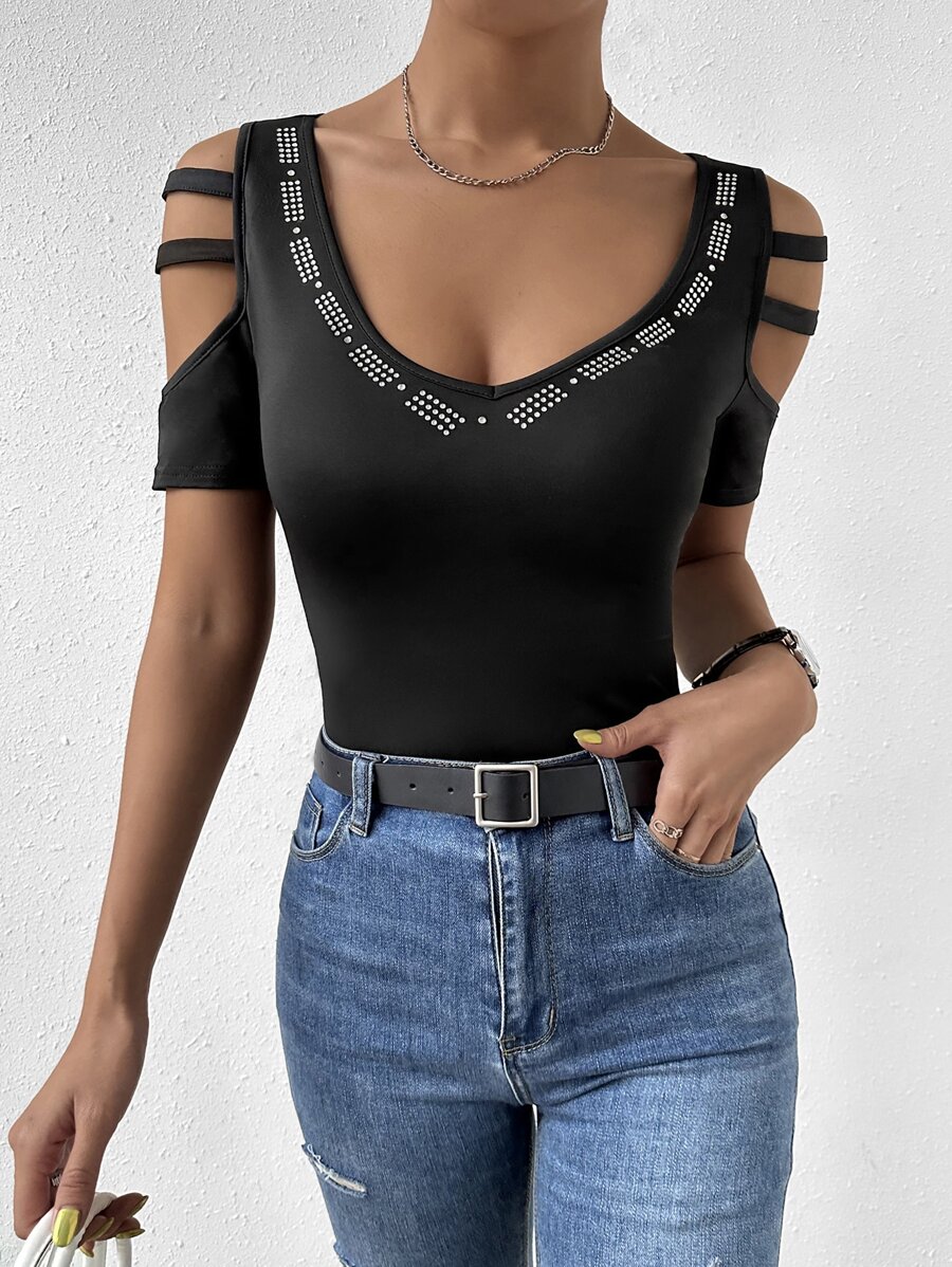 SHEIN LUNE Rhinestone Cut Out Sleeve Tee - Black - View 1