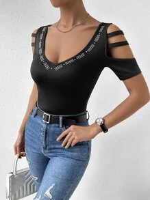 SHEIN LUNE Rhinestone Cut Out Sleeve Tee - Black - View 4