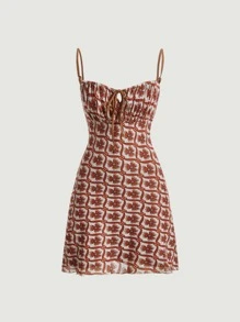 SHEIN MOD Allover Print Tie Front Ruched Bust Cami Dress - Multicolor - View 1