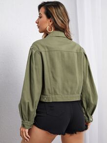 Lantern Sleeve Crop Denim Jacket - Army Green - View 2