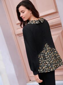 SHEIN Frenchy Ditsy Floral Print Button Back Ruffle Hem 2 In 1 Tee Winter Black Flower Black - Black - View 3