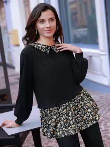 SHEIN Frenchy Ditsy Floral Print Button Back Ruffle Hem 2 In 1 Tee Winter Black Flower Black - Black - View 2