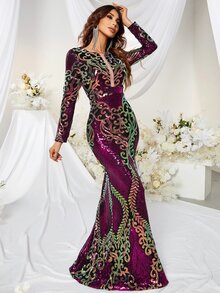 YISIKADO 滿版印花魚尾裙下擺亮片正式洋裝 - 彩色 - 查看 4