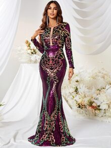 YISIKADO 滿版印花魚尾裙下擺亮片正式洋裝 - 彩色 - 查看 5