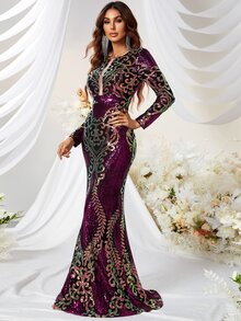 YISIKADO 滿版印花魚尾裙下擺亮片正式洋裝 - 彩色 - 查看 6