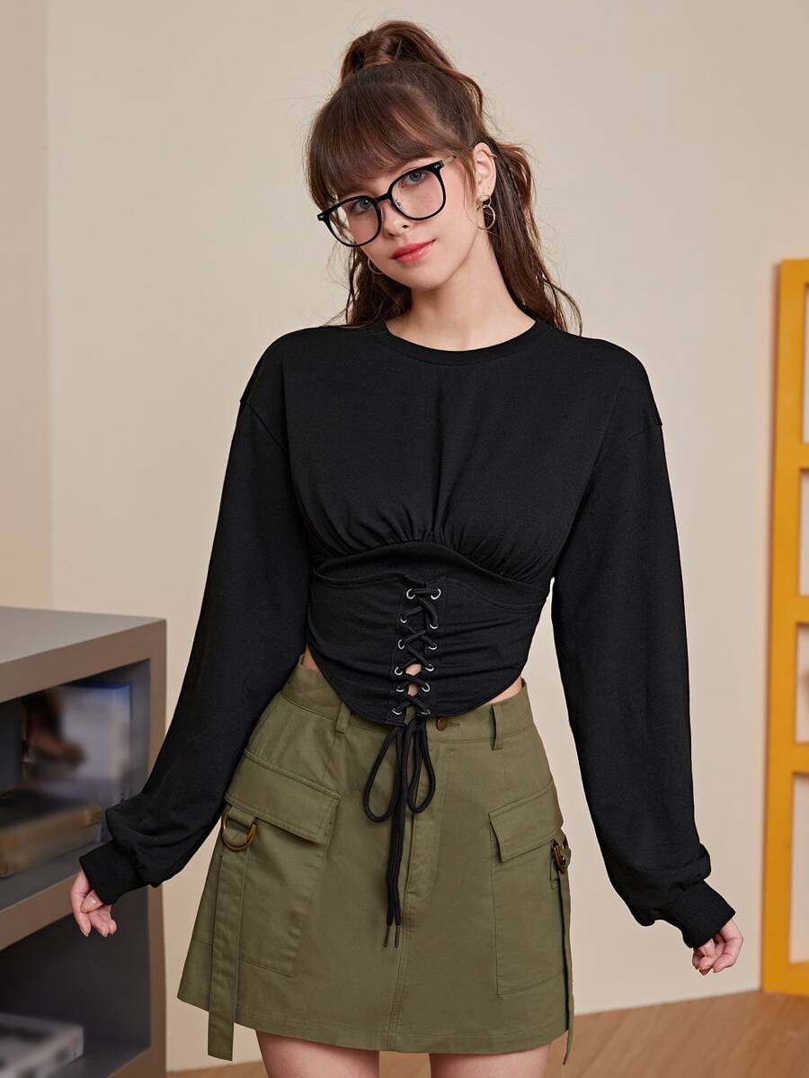 SHEIN MOD Grommet Lace Up Front Drop Shoulder Crop Pullover - Black - View 1