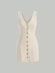 SHEIN MOD 前紐扣燈芯絨洋裝 - 米色 - 查看 1