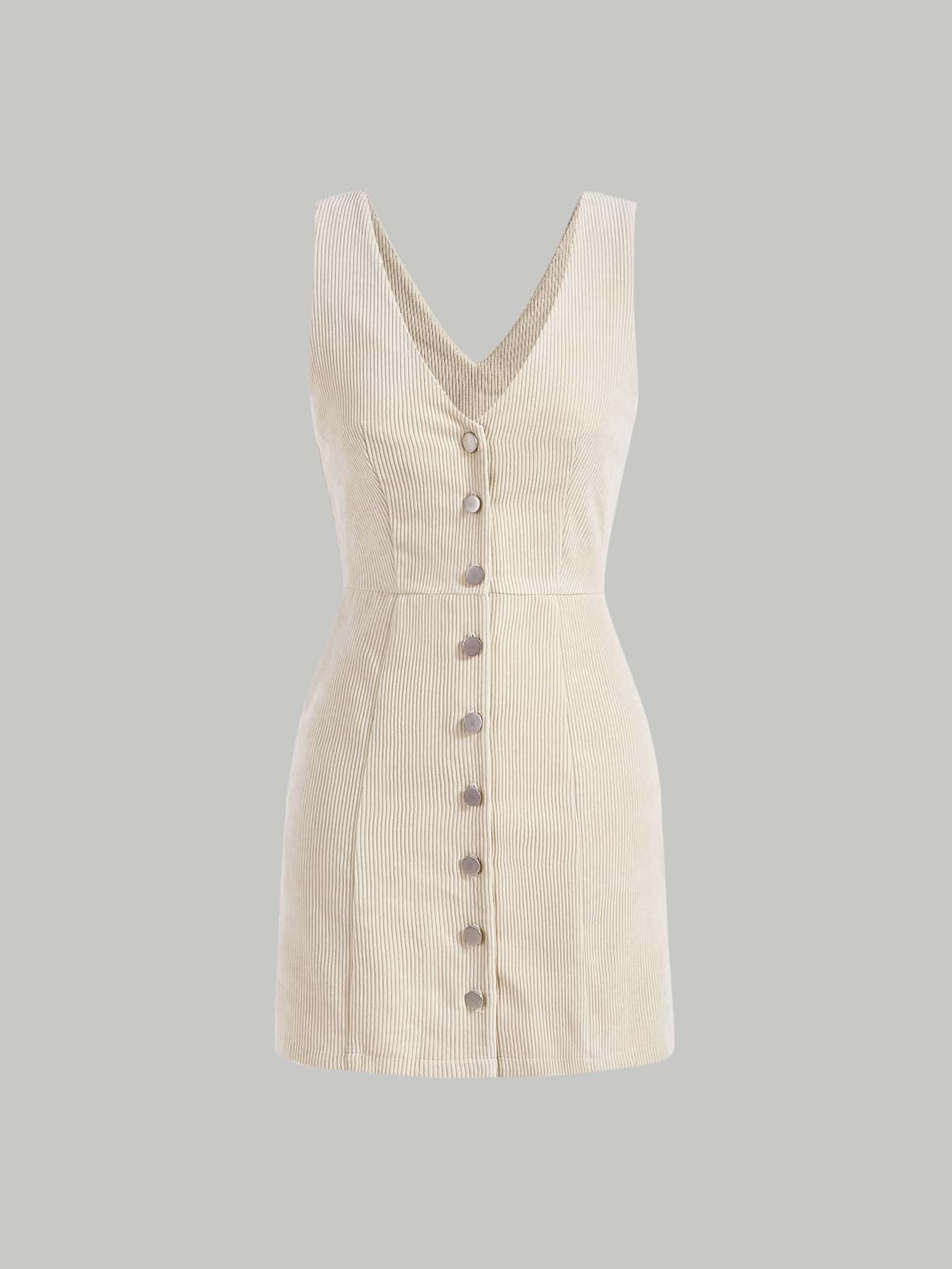 SHEIN MOD 前紐扣燈芯絨洋裝 - 米色 - 查看 1