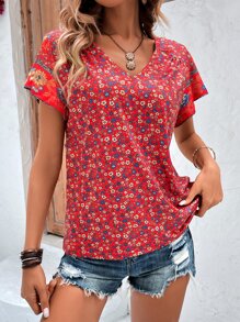 SHEIN VCAY Ditsy Floral Print V Neck Tee - Red - View 5