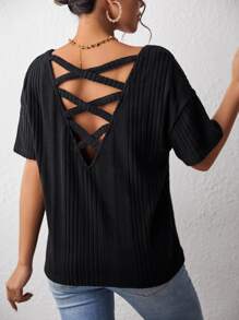 SHEIN LUNE Crisscross Back Drop Shoulder Ribbed Knit Tee - Black - View 1