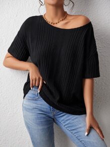 SHEIN LUNE Crisscross Back Drop Shoulder Ribbed Knit Tee - Black - View 2