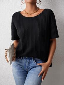 SHEIN LUNE Crisscross Back Drop Shoulder Ribbed Knit Tee - Black - View 3