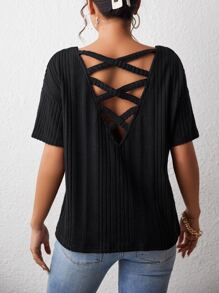 SHEIN LUNE Crisscross Back Drop Shoulder Ribbed Knit Tee - Black - View 4