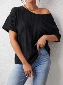 SHEIN LUNE Crisscross Back Drop Shoulder Ribbed Knit Tee - Black - View 6