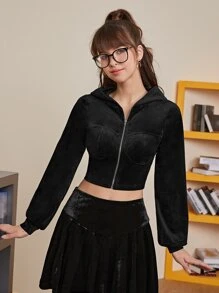 SHEIN MOD Zip Up Hooded Velvet Crop Sweatshirt