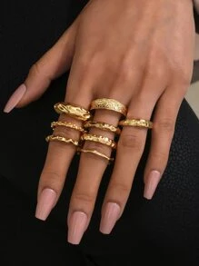 8pcs Textured Ring - Yellow Gold - View 1