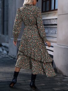 SHEIN LUNE Leopard Print Bishop Sleeve Layered Hem Dress - Army Green - View 2