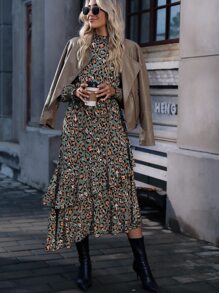 SHEIN LUNE Leopard Print Bishop Sleeve Layered Hem Dress - Army Green - View 3