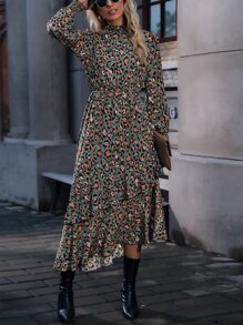 SHEIN LUNE Leopard Print Bishop Sleeve Layered Hem Dress - Army Green - View 4