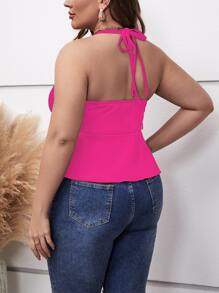 SHEIN Holidaya Plus Tie Backless Hanky Hem Halter Top - Hot Pink - View 2
