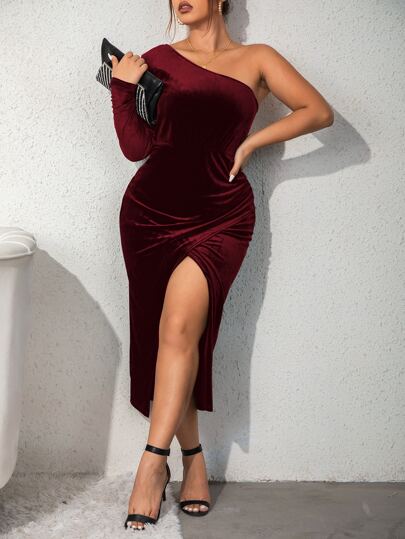 SHEIN Clasi Plus One Shoulder Wrap Hem Velvet Dress