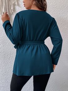 Flirla Plus Surplice Neck Belted Peplum Blouse - Teal Blue - View 2