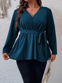 Flirla Plus Surplice Neck Belted Peplum Blouse - Teal Blue - View 3